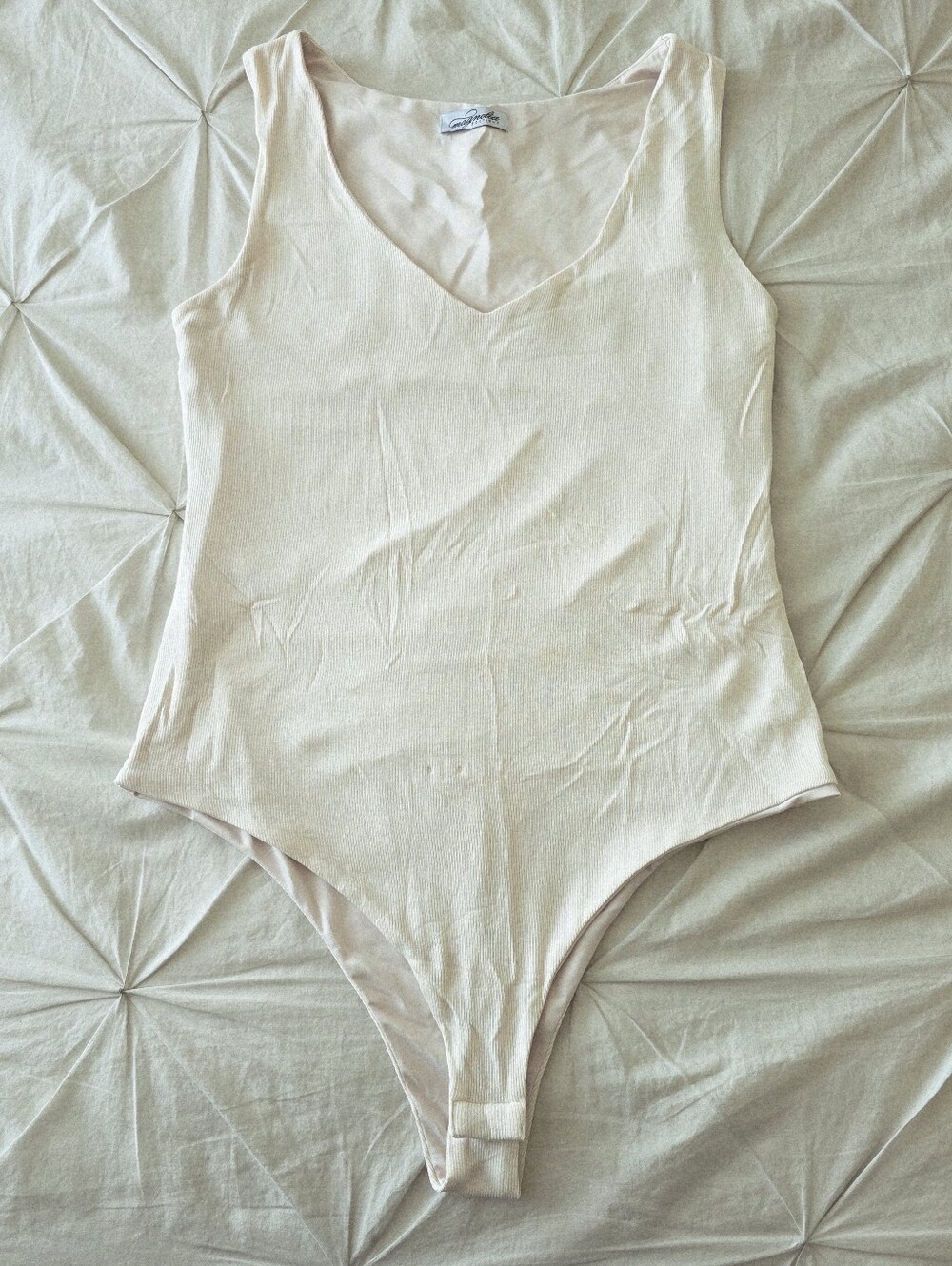 Magnolia Boutique Ribbed Bodysuit Cream Ivory V Neck Sleeveless